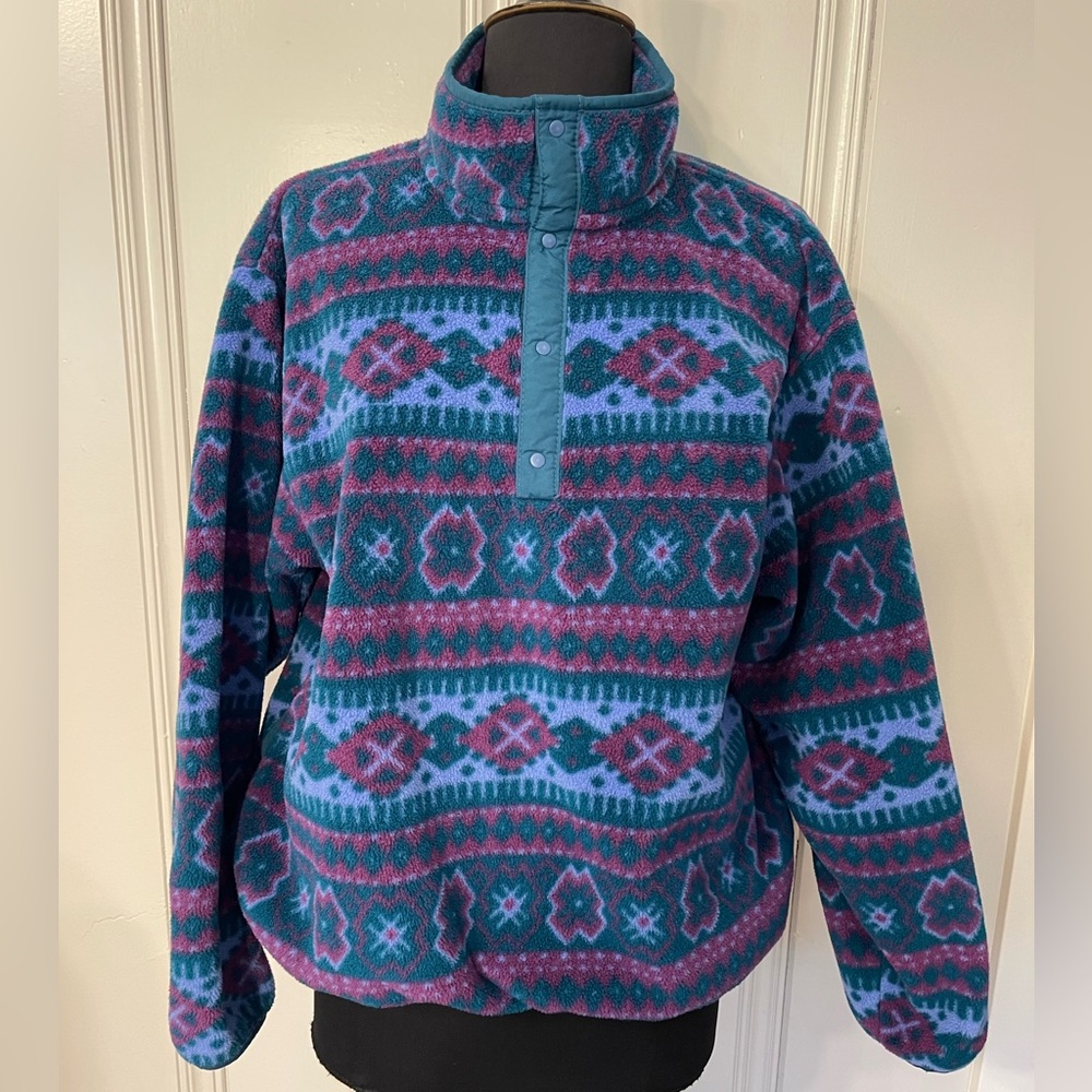 L.L. Bean Women's Teal, Blue & Pink Patterned Fleece Pullover